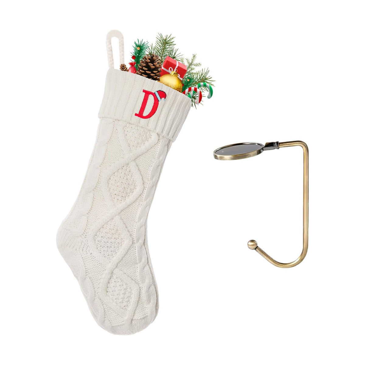 Christmas Stockings with Initials, Letter D Embroidered Xmas Stockings, 18" Large Monogram Knitted Xmas Stocking, Christmas Party Fireplace Family Hanging Stocking Decorations(1 Pack, White)