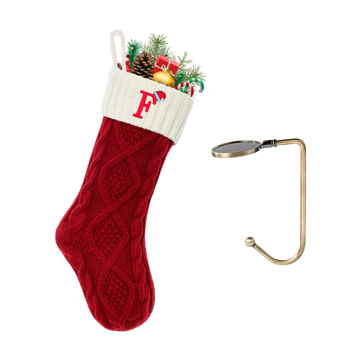 Christmas Stockings with Initials, Letter F Embroidered Xmas Stockings, 18" Large Monogram Knitted Xmas Stocking, Christmas Party Fireplace Family Hanging Stocking Decorations 1Pcs Red-White