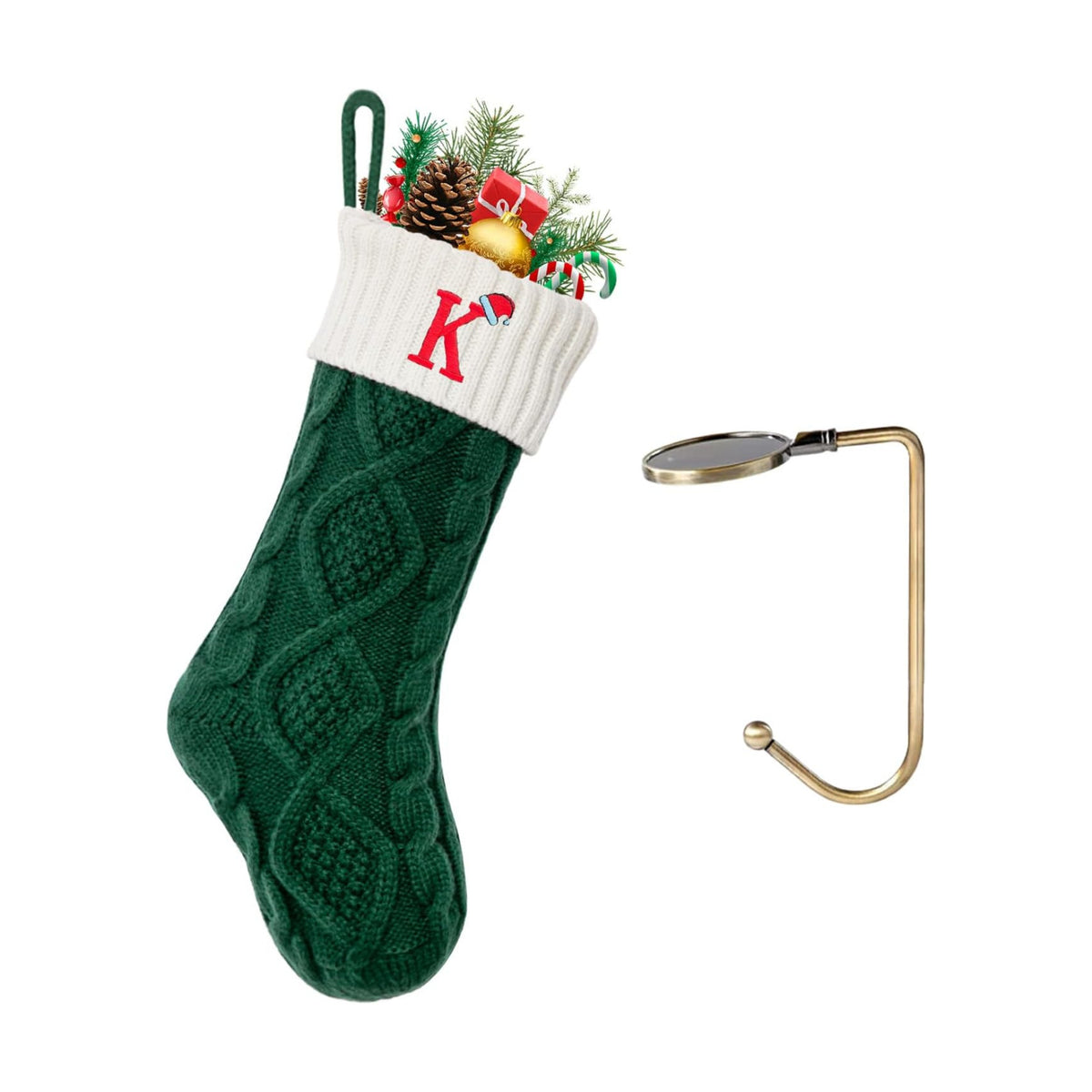 Christmas Stockings with Initials, Letter K Embroidered Xmas Stocking, 18" Large Monogram Knitted Xmas Stocking, Christmas Party Fireplace Family Hanging Stocking Decoration 1Pcs Green-White