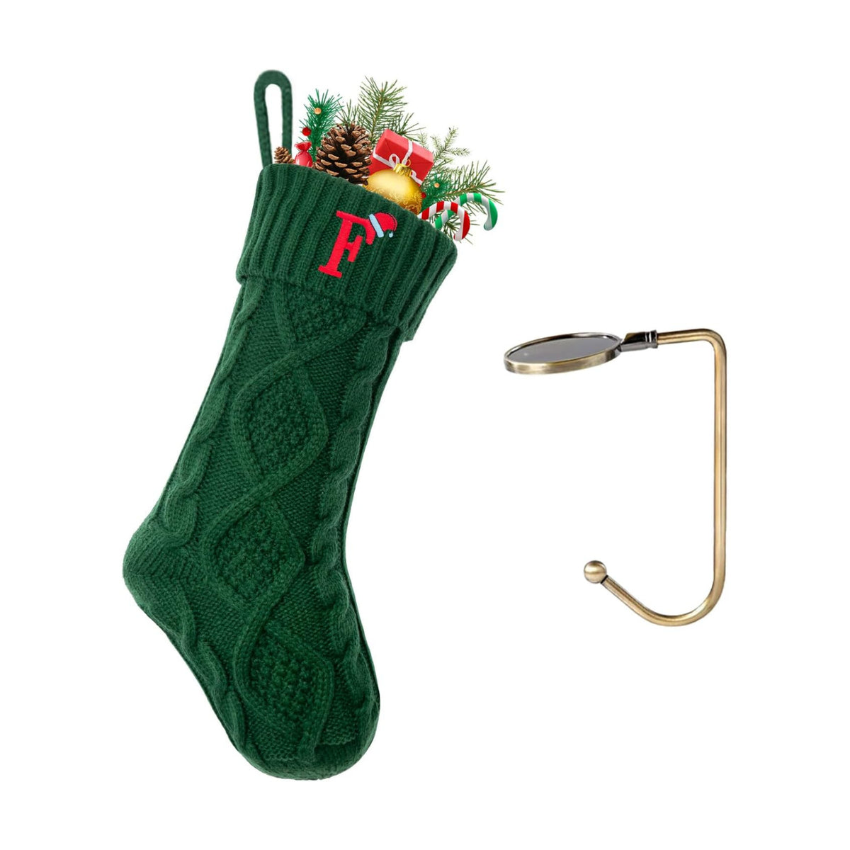 Christmas Stockings with Initials, Letter F Embroidered Xmas Stockings, 18" Large Monogram Knitted Xmas Stocking, Christmas Party Fireplace Family Hanging Stocking Decorations(1 Pack, Green)