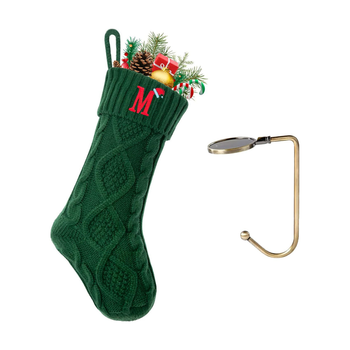 Christmas Stockings with Initials, Letter M Embroidered Xmas Stockings, 18" Large Monogram Knitted Xmas Stocking, Christmas Party Fireplace Family Hanging Stocking Decorations(1 Pack, Green)