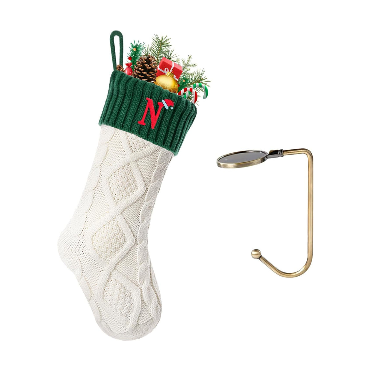 Christmas Stockings with Initials, Letter N Embroidered Xmas Stocking, 18" Large Monogram Knitted Xmas Stocking, Christmas Party Fireplace Family Hanging Stocking Decoration 1Pcs White-Green