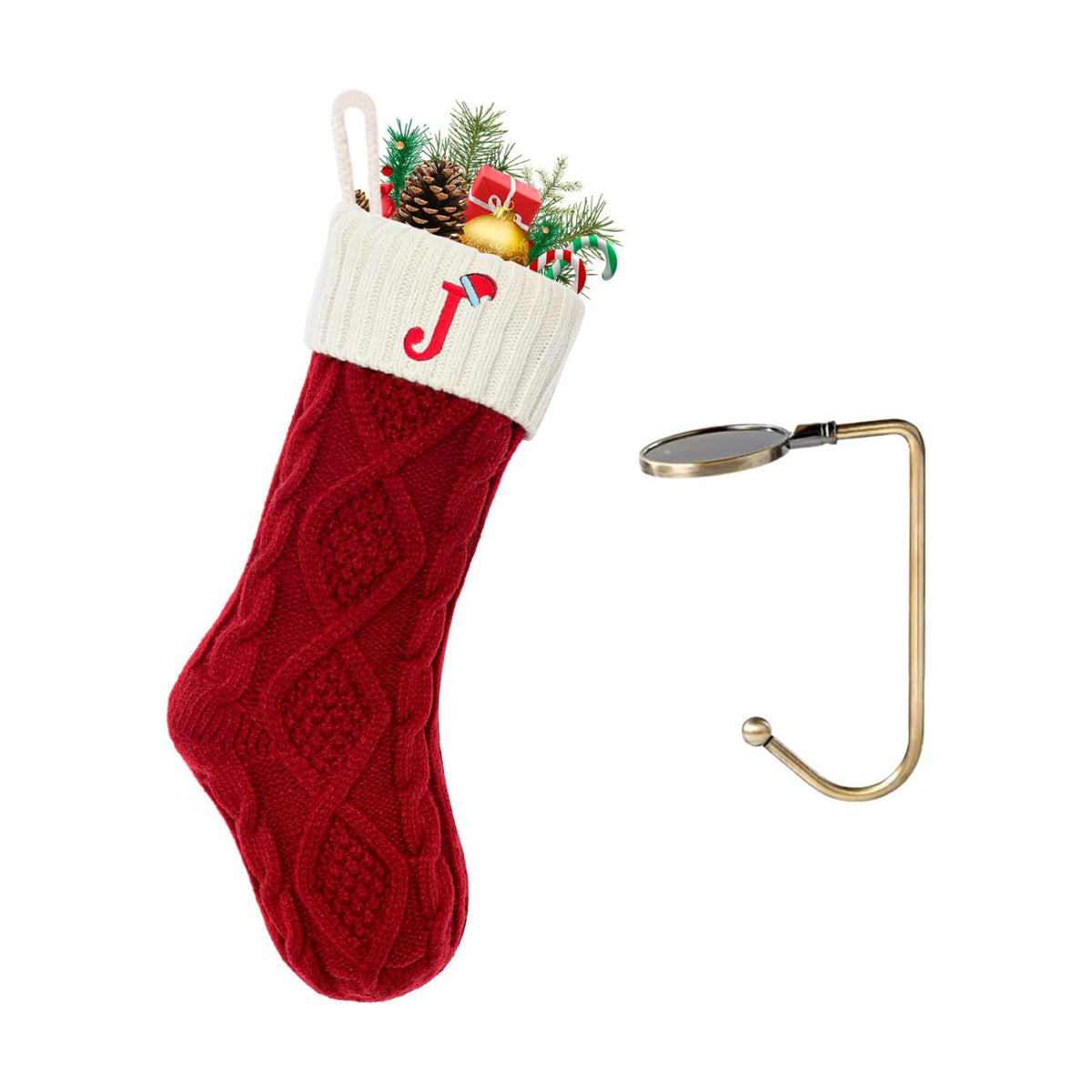 Christmas Stockings with Initials, Letter J Embroidered Xmas Stockings, 18" Large Monogram Knitted Xmas Stocking, Christmas Party Fireplace Family Hanging Stocking Decorations 1Pcs Red-White