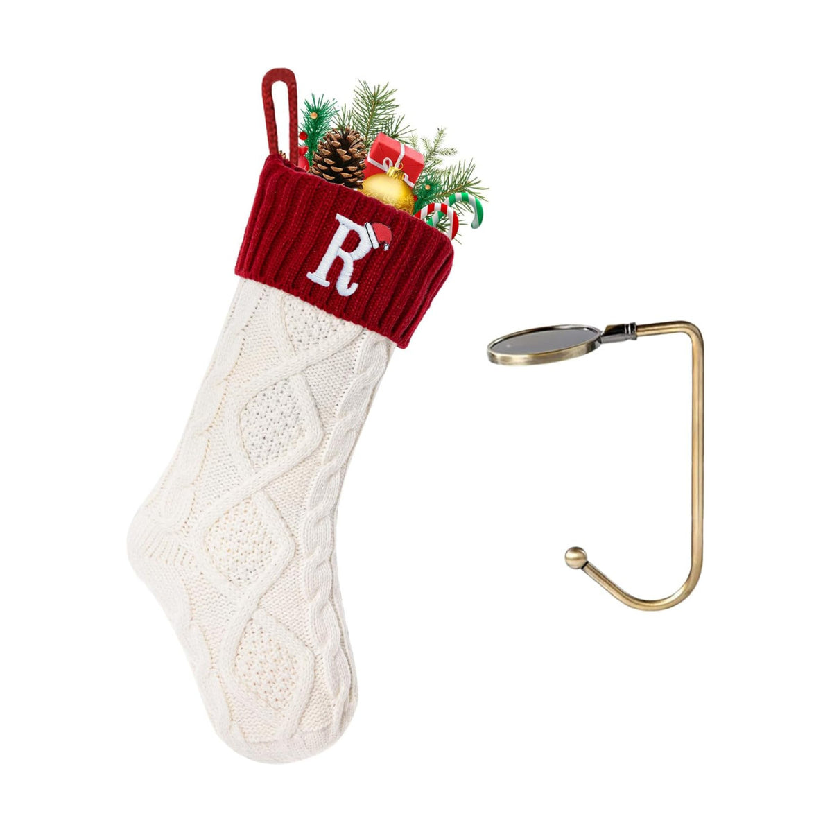 Christmas Stockings with Initials, Letter R Embroidered Xmas Stockings, 18" Large Monogram Knitted Xmas Stocking, Christmas Party Fireplace Family Hanging Stocking Decorations 1Pcs White-Red