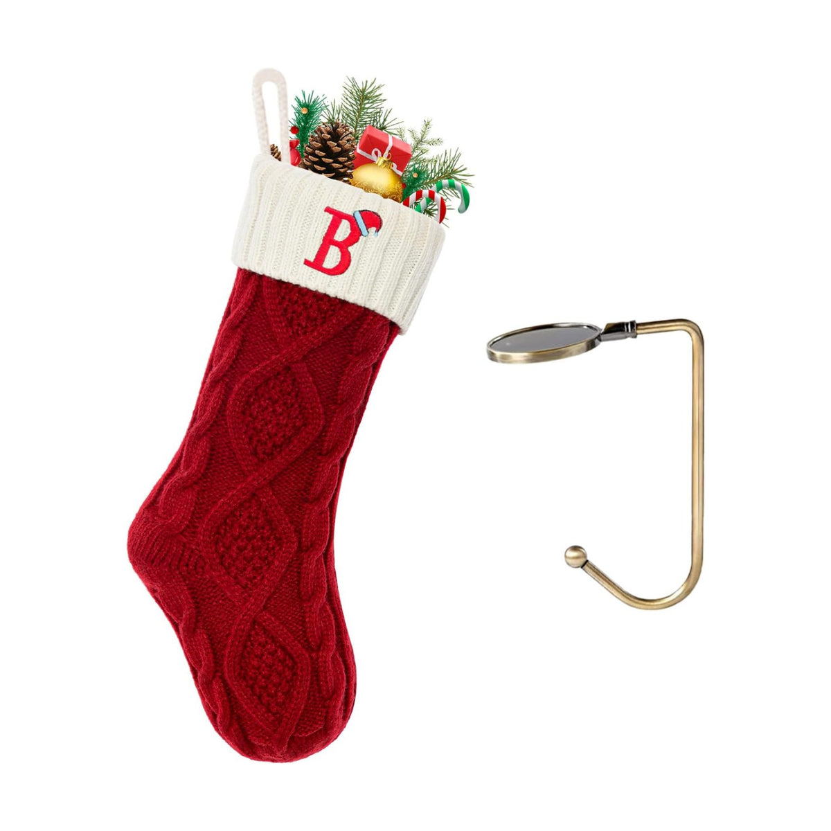 Christmas Stockings with Initials, Letter B Embroidered Xmas Stockings, 18" Large Monogram Knitted Xmas Stocking, Christmas Party Fireplace Family Hanging Stocking Decorations 1Pcs Red-White