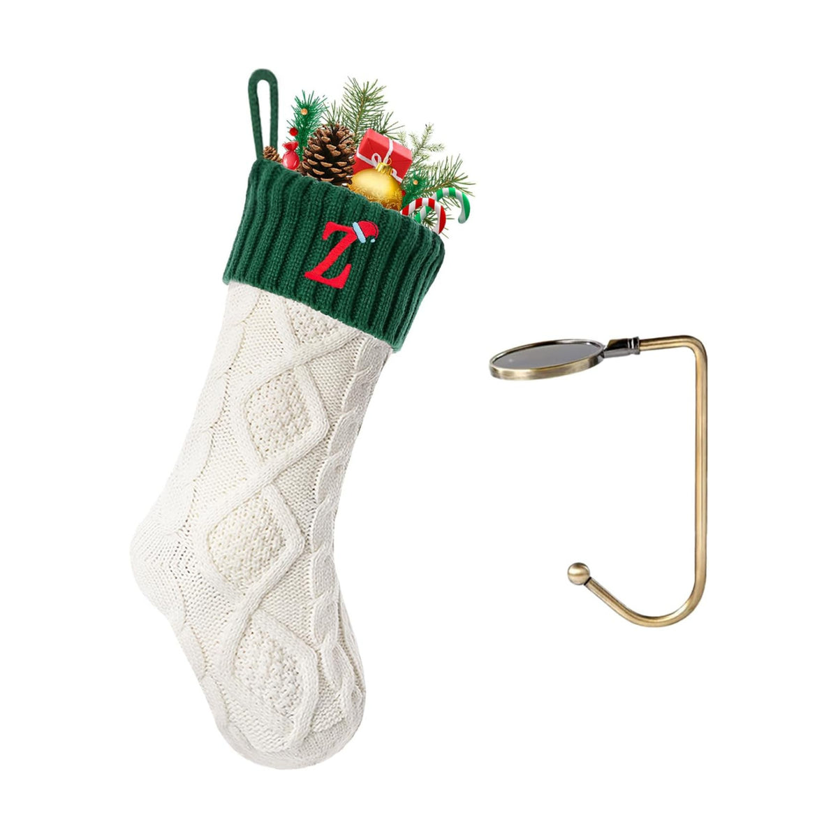 Christmas Stockings with Initials, Letter Z Embroidered Xmas Stocking, 18" Large Monogram Knitted Xmas Stocking, Christmas Party Fireplace Family Hanging Stocking Decoration 1Pcs White-Green