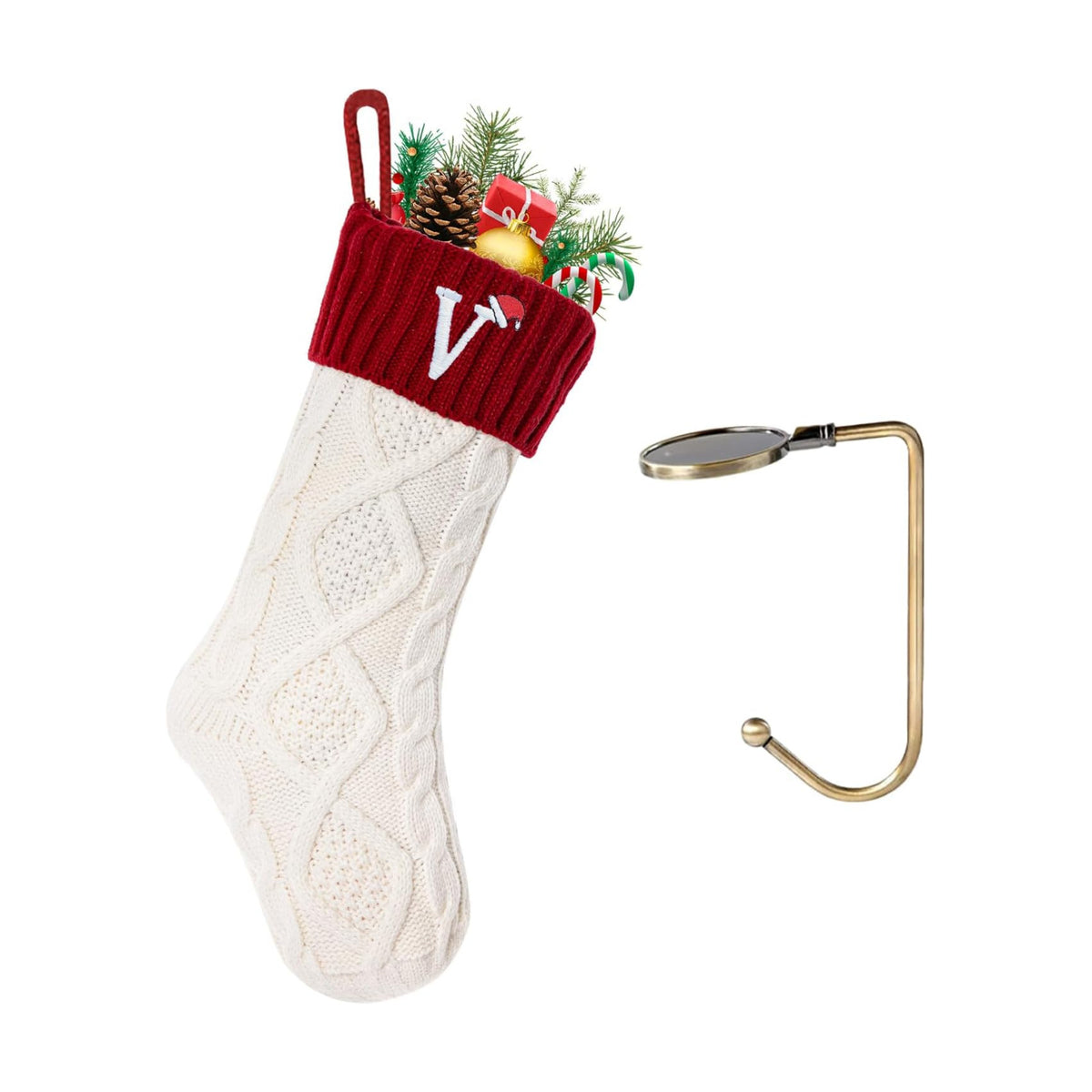 Christmas Stockings with Initials, Letter V Embroidered Xmas Stockings, 18" Large Monogram Knitted Xmas Stocking, Christmas Party Fireplace Family Hanging Stocking Decorations 1Pcs White-Red