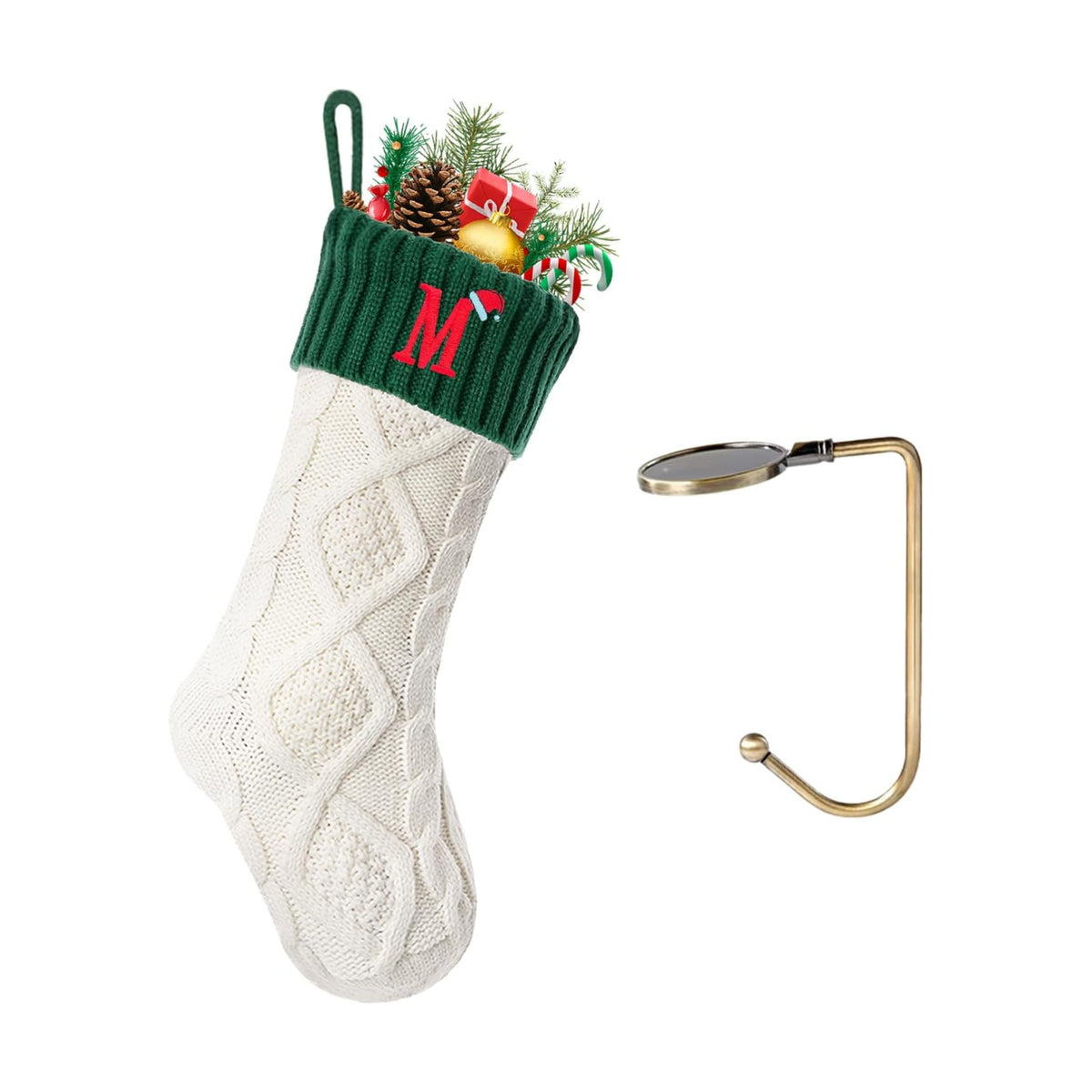 Christmas Stockings with Initials, Letter M Embroidered Xmas Stocking, 18" Large Monogram Knitted Xmas Stocking, Christmas Party Fireplace Family Hanging Stocking Decoration 1Pcs White-Green