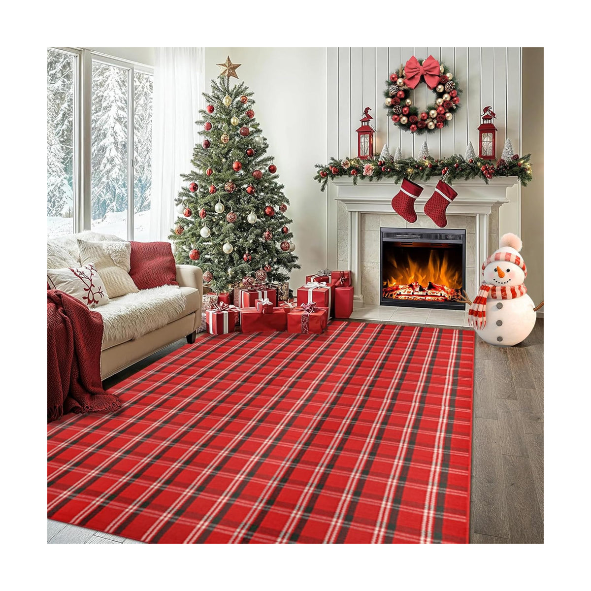 Christmas Red Green White Plaid Rug 8x10 ft, Extra Large Cotton Hand-Woven Buffalo Check Area Rug for Living Room, Bedroom, Patio, Christmas Holiday Farmhouse Decor, Washable Outdoor Indoor Carpet