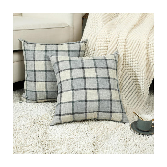Farmhouse Plaid Decorative Cushion Covers / 22 x 22 / Check-light Grey / Set of 2