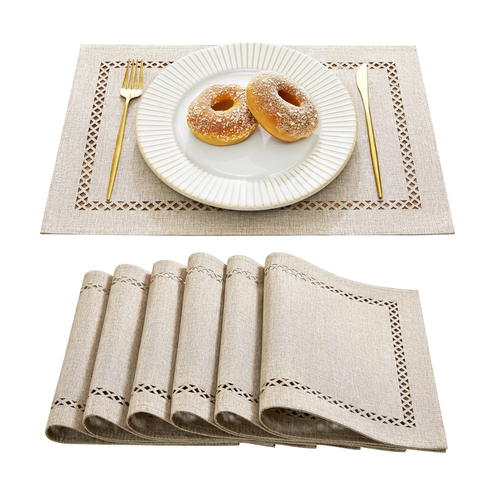Farmhouse Burlap Place Mats, Coffee Placemats Set of 6, 12 x 18 Inch | Double Layer, Thick Textured Lattice Cutwork