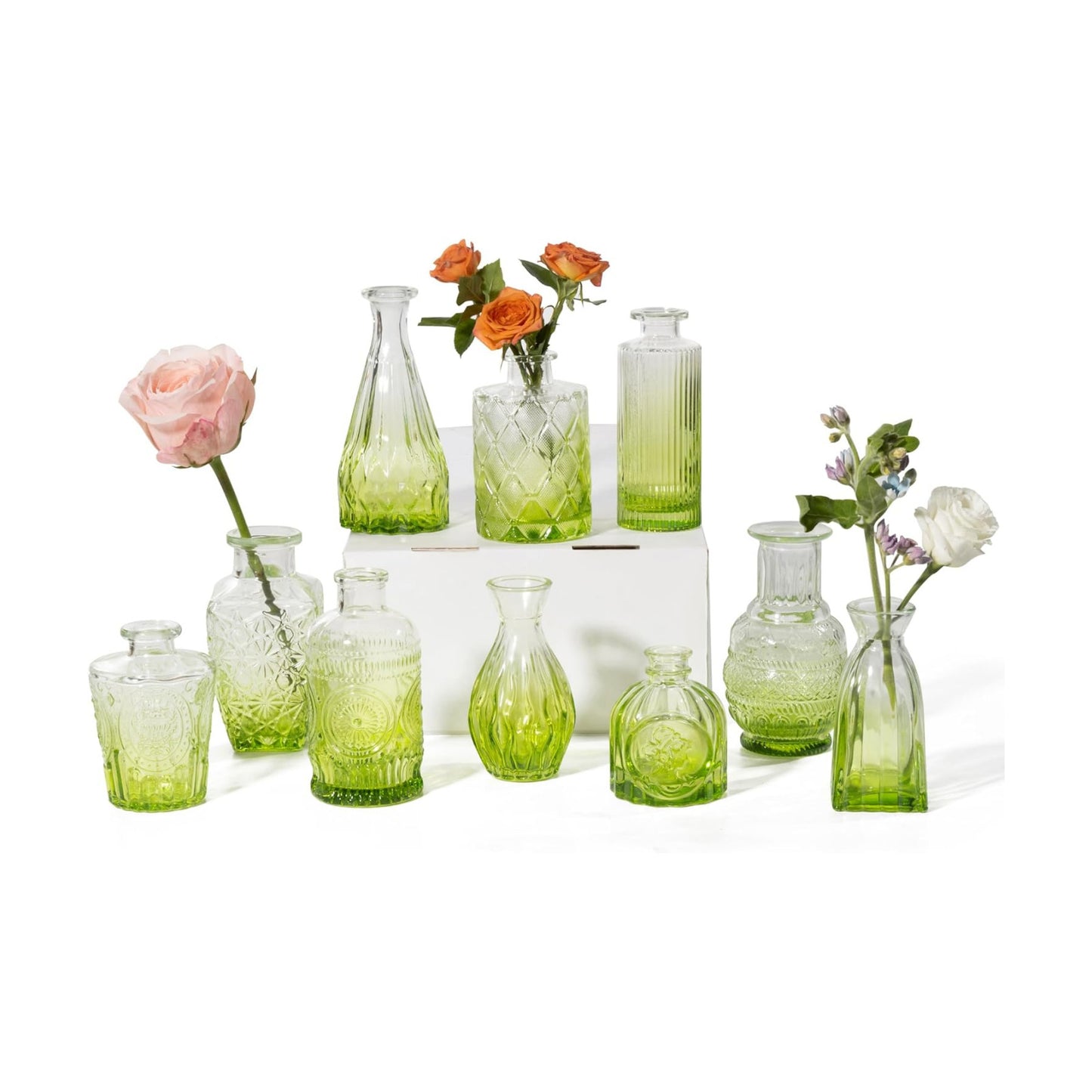 Vintage Small Glass Vases / Olive Green / Set of 10
