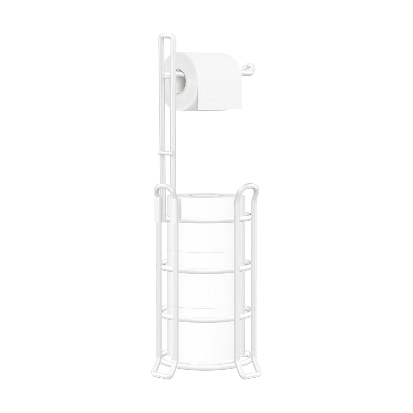 TomCare Toilet Paper Holder Stand Free Standing, Holds 4 Mega Rolls, White | Tool-Free Assembly, Detachable Metal Wire