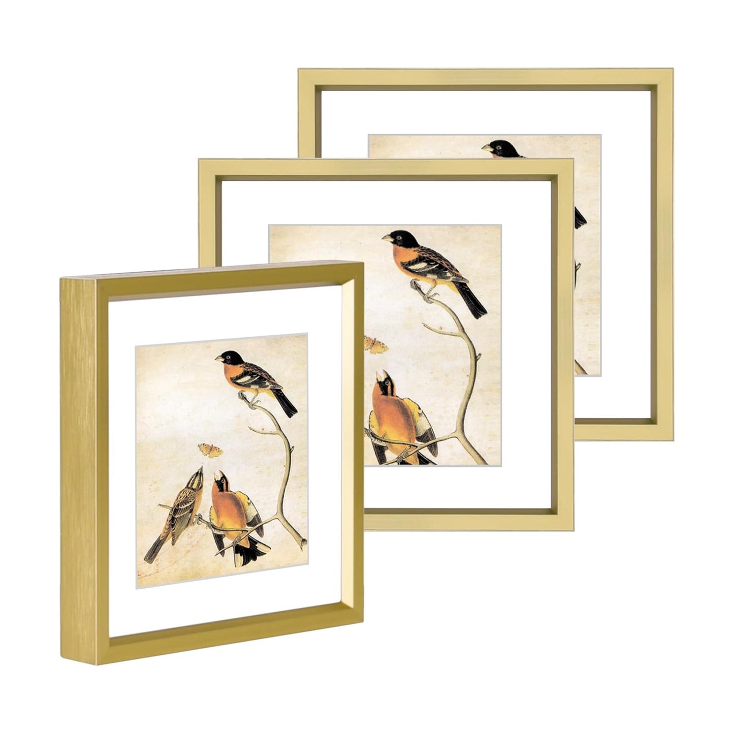 BKABOT 4x4 Brass Metal Photo frames 3 Pack HD Glass Mat 3x3 Wall Table | Brushed aluminum Picture frames,removable