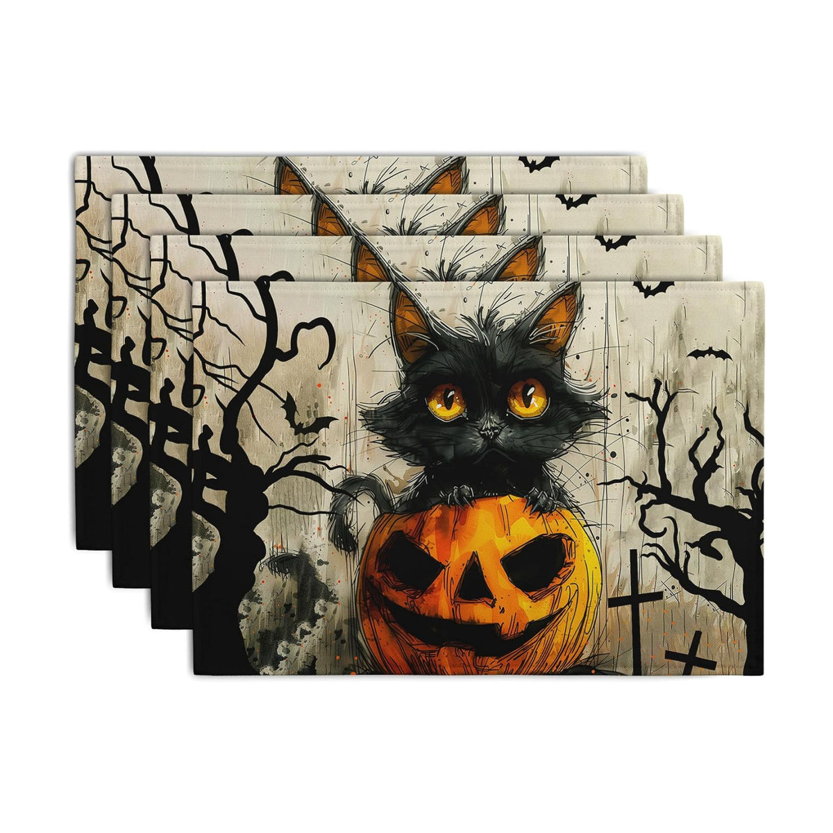 Halloween Black Cat Pumpkin 12x18 Placemats Set of 4 Happy Halloween Bat Branch Linen Table Place Mat Seasonal Fall Washable Heat Resistant Non Slip Table Placemats for Party Kitchen Dining Decor