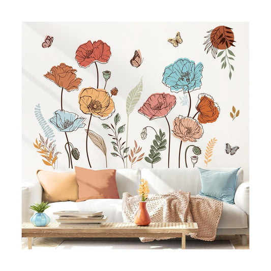 Large Boho Flower Wall Decals Butterfly Boho Floral Plants Wall Stickers Living Room Bedroom Nursery
