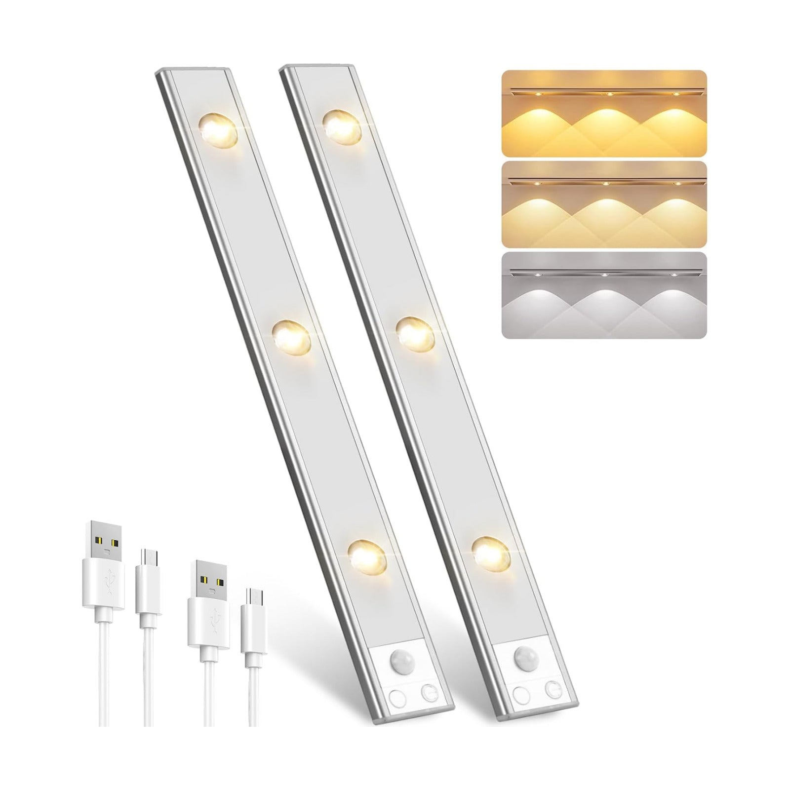 Under Cabinet Light Rechargeable Motion Sensor Dimmable 2 Pack Silver | 3-Color Dimmable Under Counter Lights with
