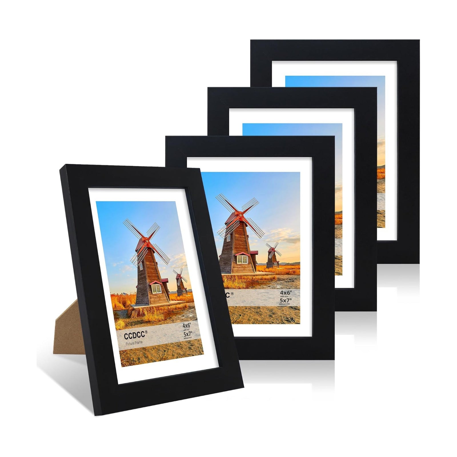 Wooden Frame / Real Glass Cover / Black / 5 x 7 / Set of 4