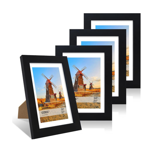 Wooden Frame / Real Glass Cover / Black / 5 x 7 / Set of 4