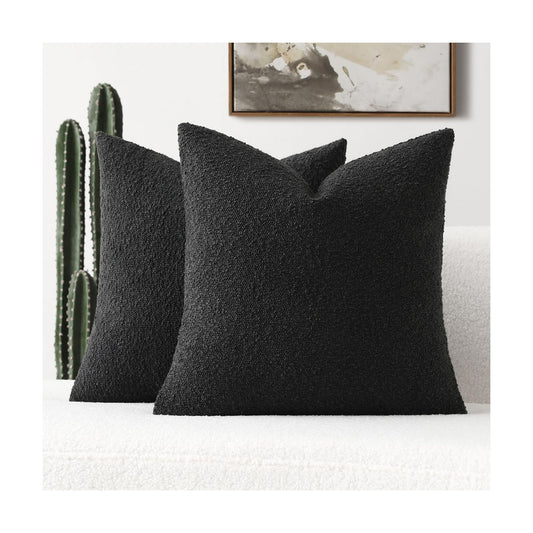 Decorative Throw Pillow Covers Soft Solid Boucle Textured Cushion Case / Black / 18 x 18 / Set of 2