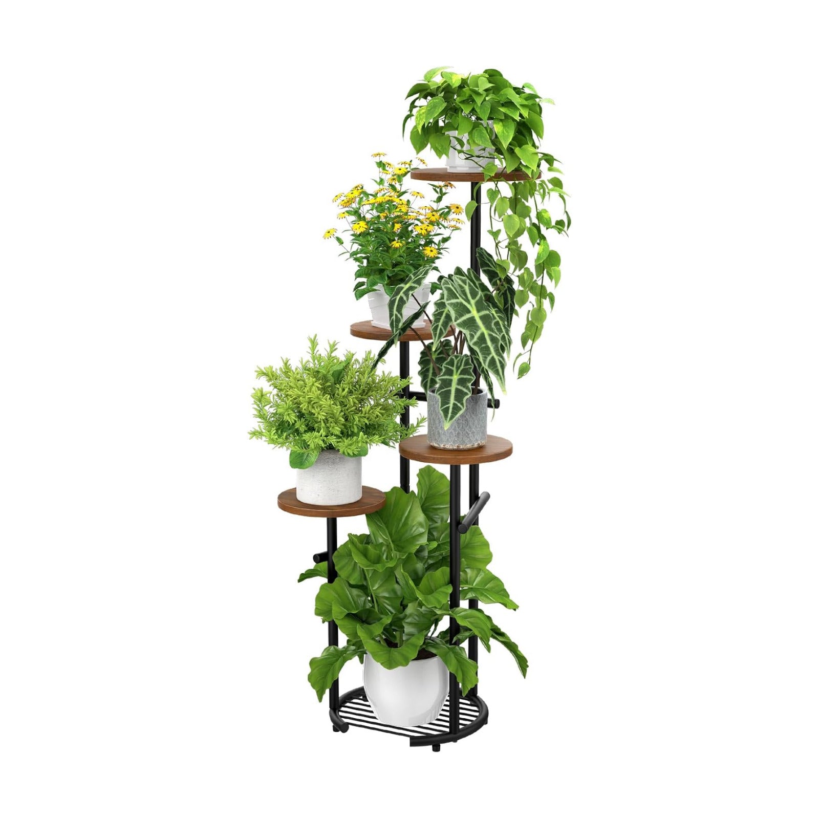 TOSKING 5-Tier Round Wood Corner Plant Stand Indoor, Anti-Tip, Brown&Black | 42-Inch Height, Space-Saving Design