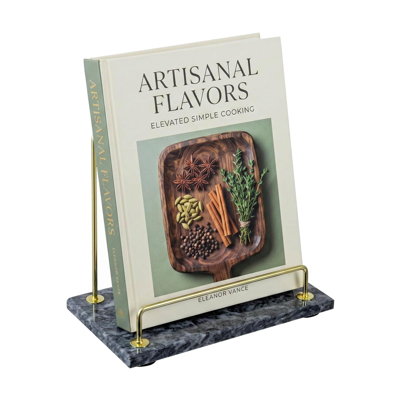 MyGift Black Marble Cookbook Stand, Recipe Holder with Brass Tone Rail | Modern black marble cookbook stand features a