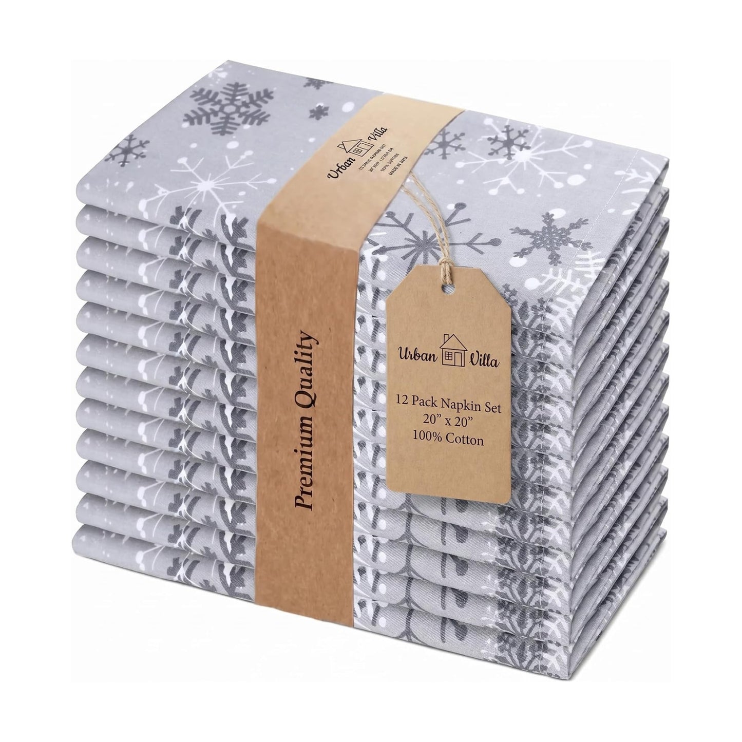 Urban Villa Cloth Napkins Cotton 20x20 (Set of 12) Grey Snow Flake