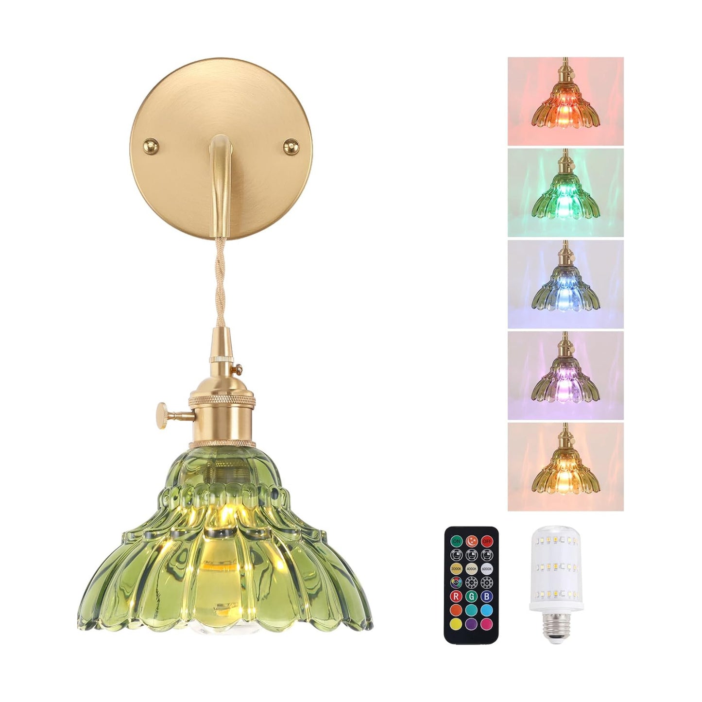 Shenmoyl Battery Operated Wall Sconce Wall Lamp with Green Lily of the Valley Shade Pattern Glass Adjustable Chain