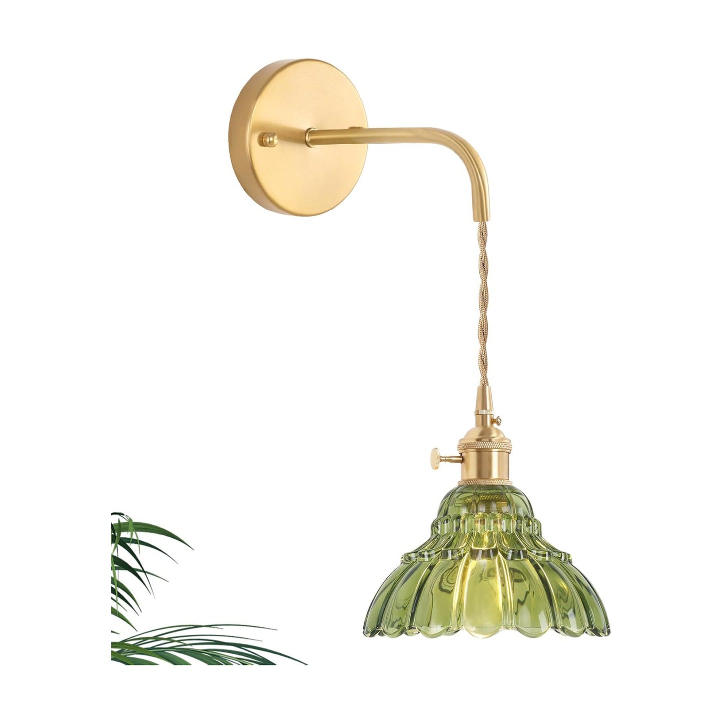 Shenmoyl Vintage Wall Sconce with Green Lily of the Valley Shade Pattern Glass Adjustable Chain Retro Gold Wall Mounted