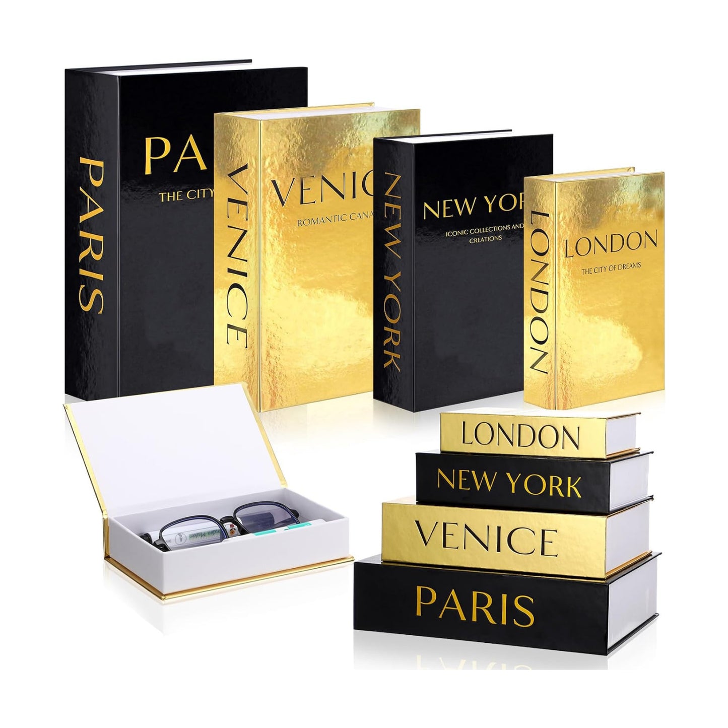 Decorative Books Boxes Faux Books Stacked / Black and Gold / Modern / Set of 4