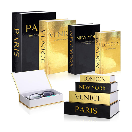 Decorative Books Boxes Faux Books Stacked / Black and Gold / Modern / Set of 4