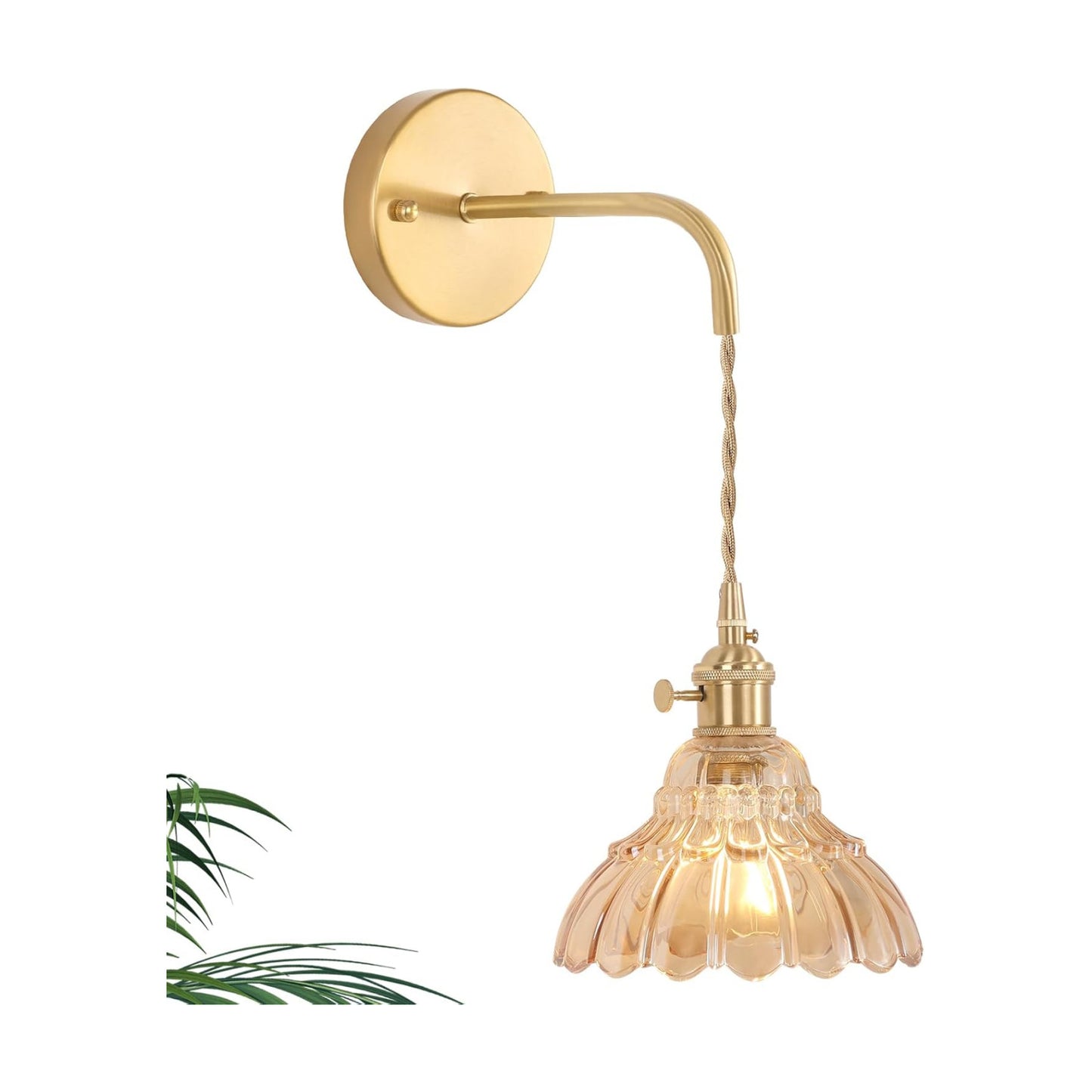Shenmoyl Vintage Wall Sconce with Amber Lily of the Valley Shade Pattern Glass Adjustable Chain Retro Gold Wall Mounted