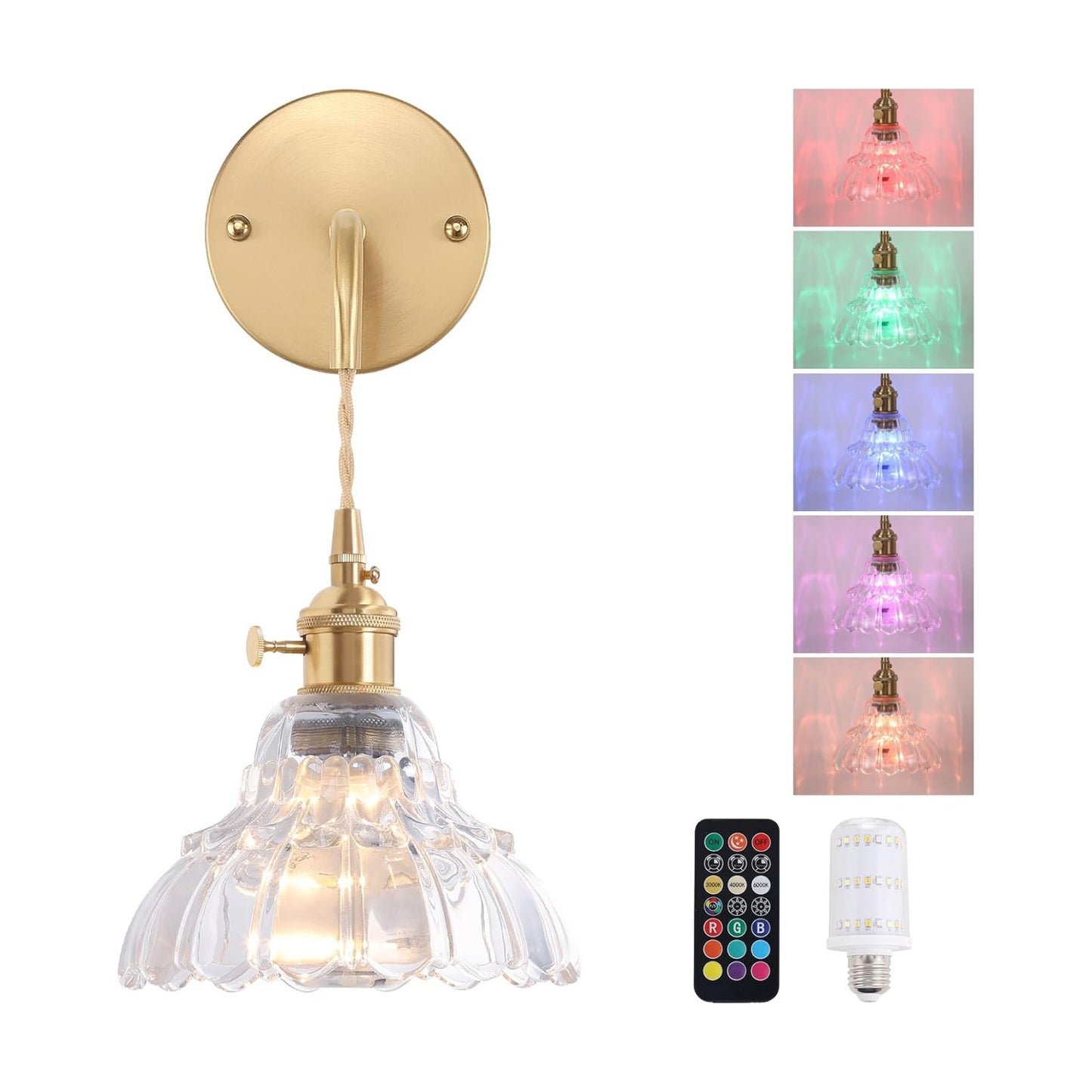 Shenmoyl Battery Operated Wall Sconce Wall Lamp with Clear Lily of the Valley Shade Pattern Glass Adjustable Chain