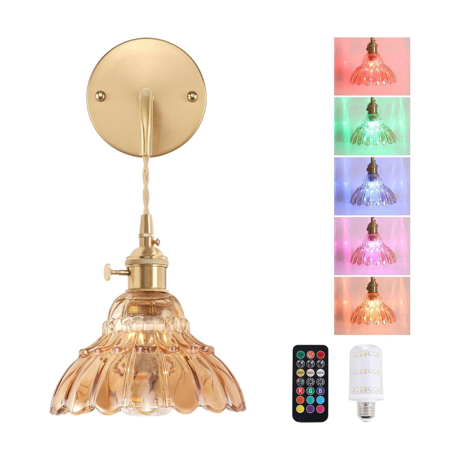 Shenmoyl Battery Operated Wall Sconce Wall Lamp with Amber Lily of the Valley Shade Pattern Glass Adjustable Chain