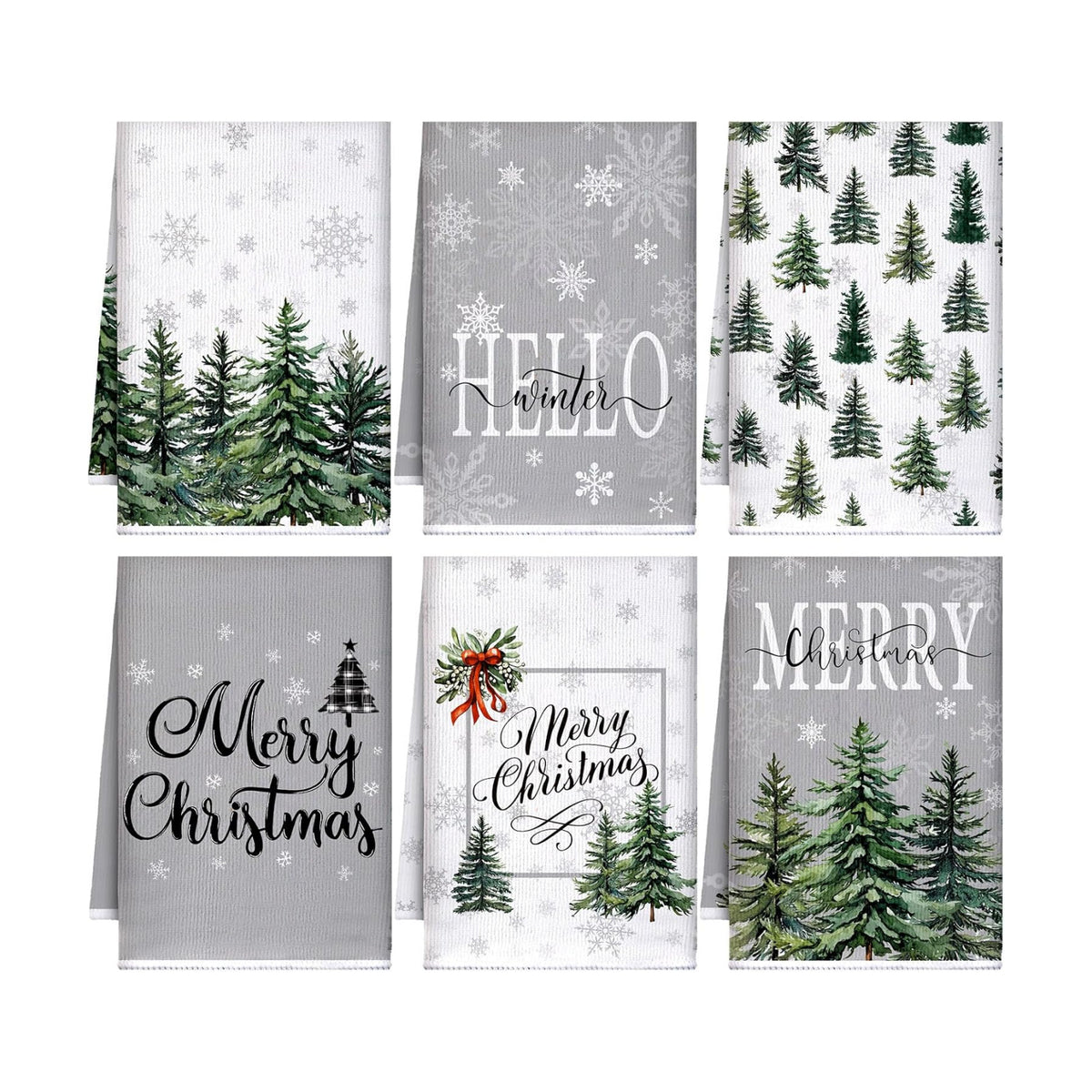 Bencailor 6 Pcs Christmas Kitchen Towel, Green, Snow Tree Style