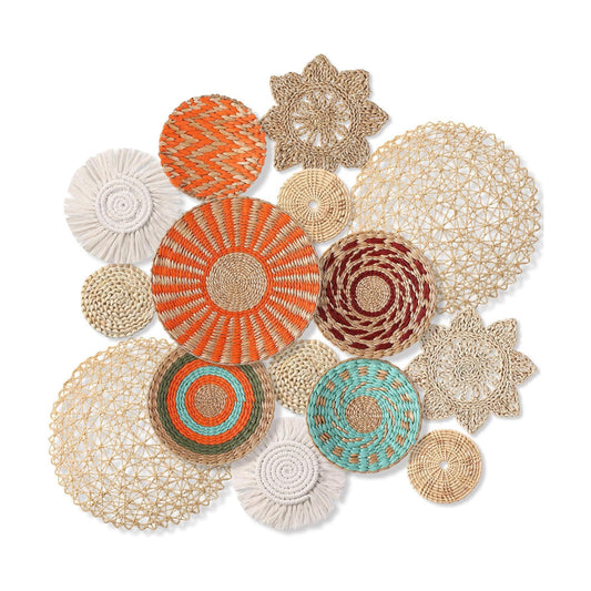 Boho Wall Basket Decor Woven Rattan Seagrass Wall Decor Hanging Rustic / Orange Style / Set of 15