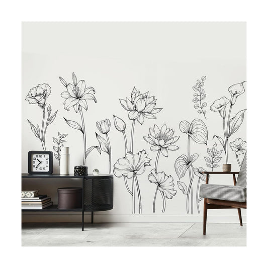 Large and White Flower Wall Decals Simple Modern Minimalist Garden / XL- Garden Flower Set / Black