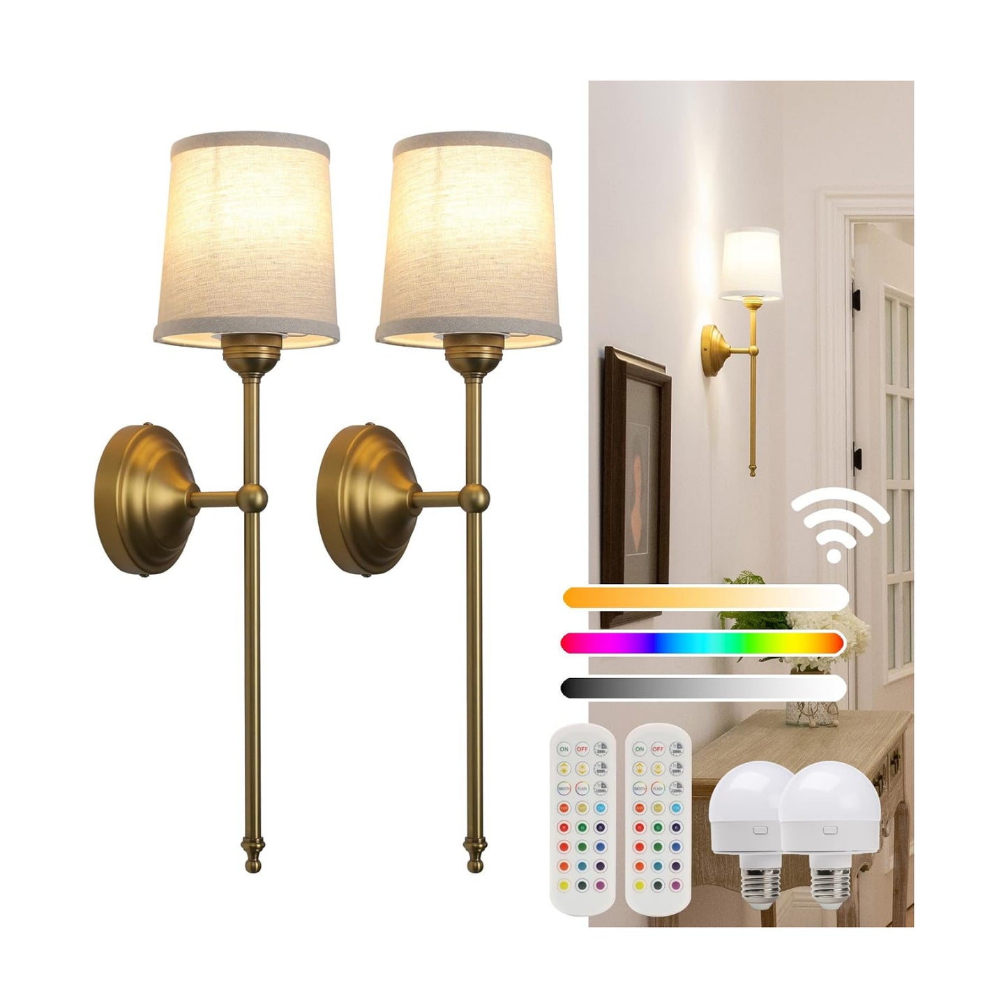 Battery Operated Sconces Wall Lighting Set of 2 with Fabric Shade | Linen Cloth Wall Sconces RGB Color Changing USB