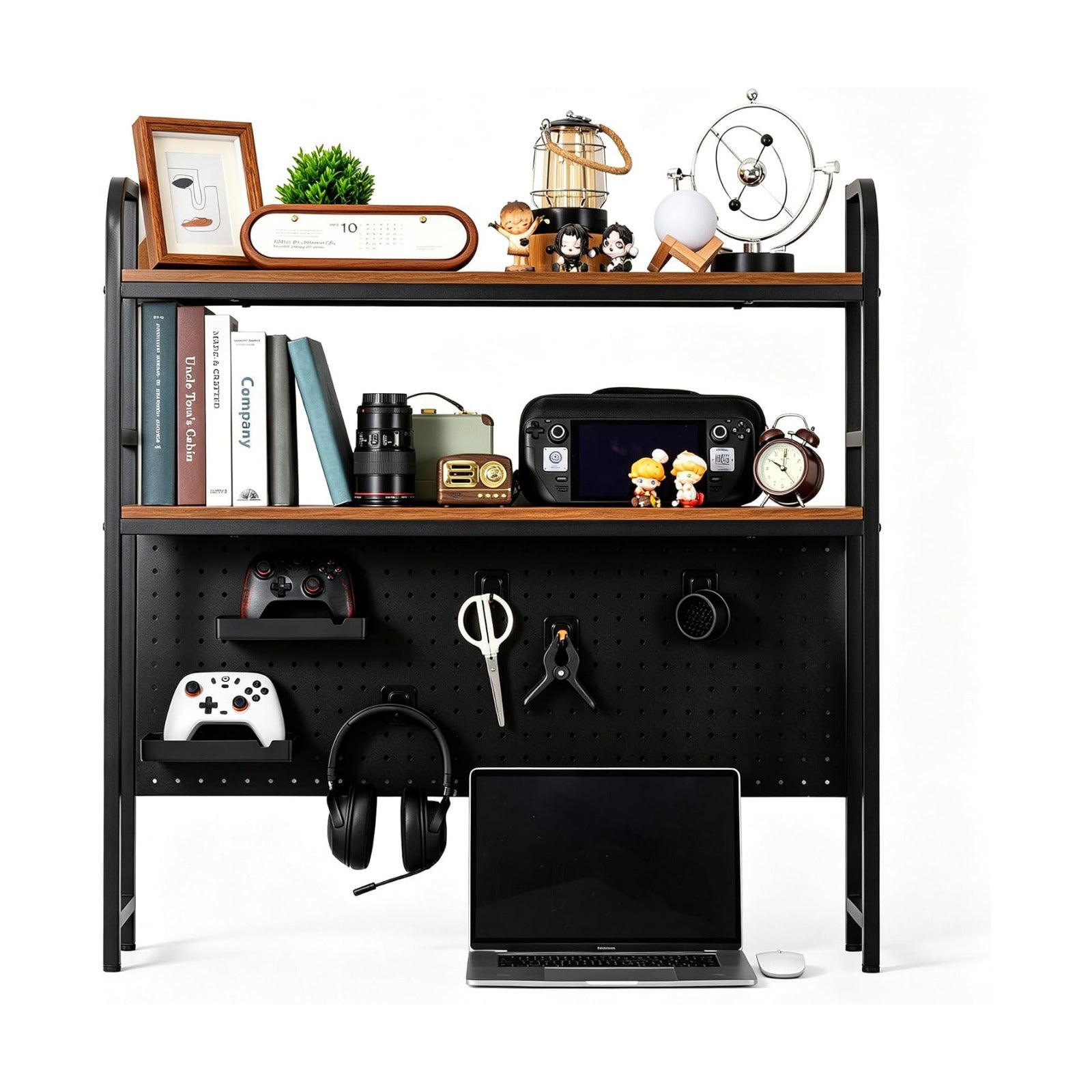 deli Desktop Shelf, Desk Hutch with Metal Pegboard, Black | 2-Tier Desktop Display Rack, 4 Accessories, Multipurpose