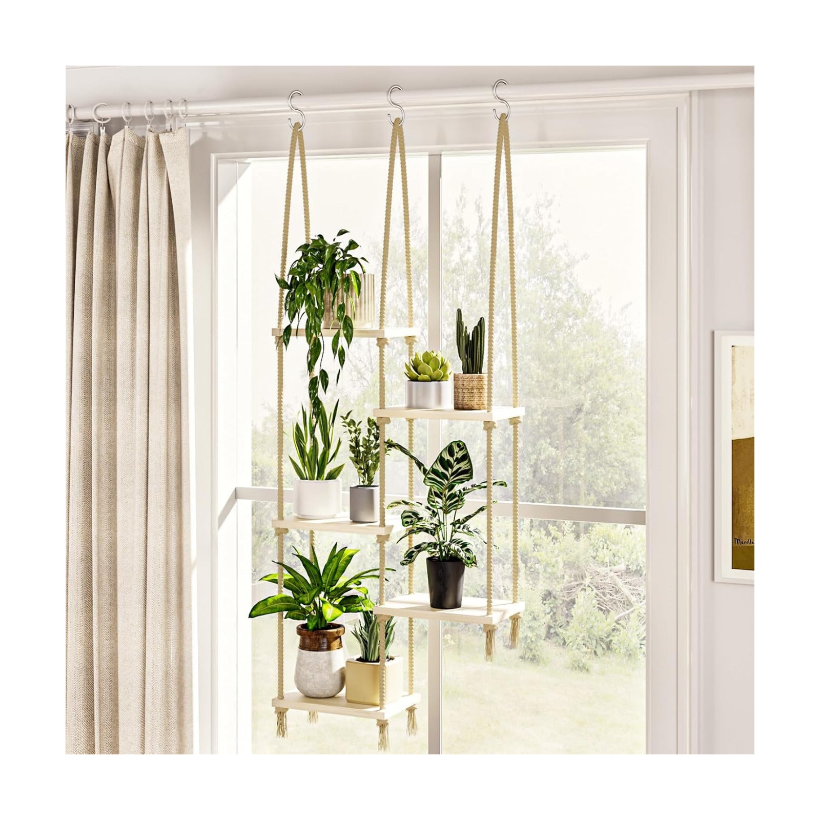 Hanging Shelves Plant Hanger Indoor Window Plant Shelves Wood Plant Wall Shelf Window Sill / 5tier