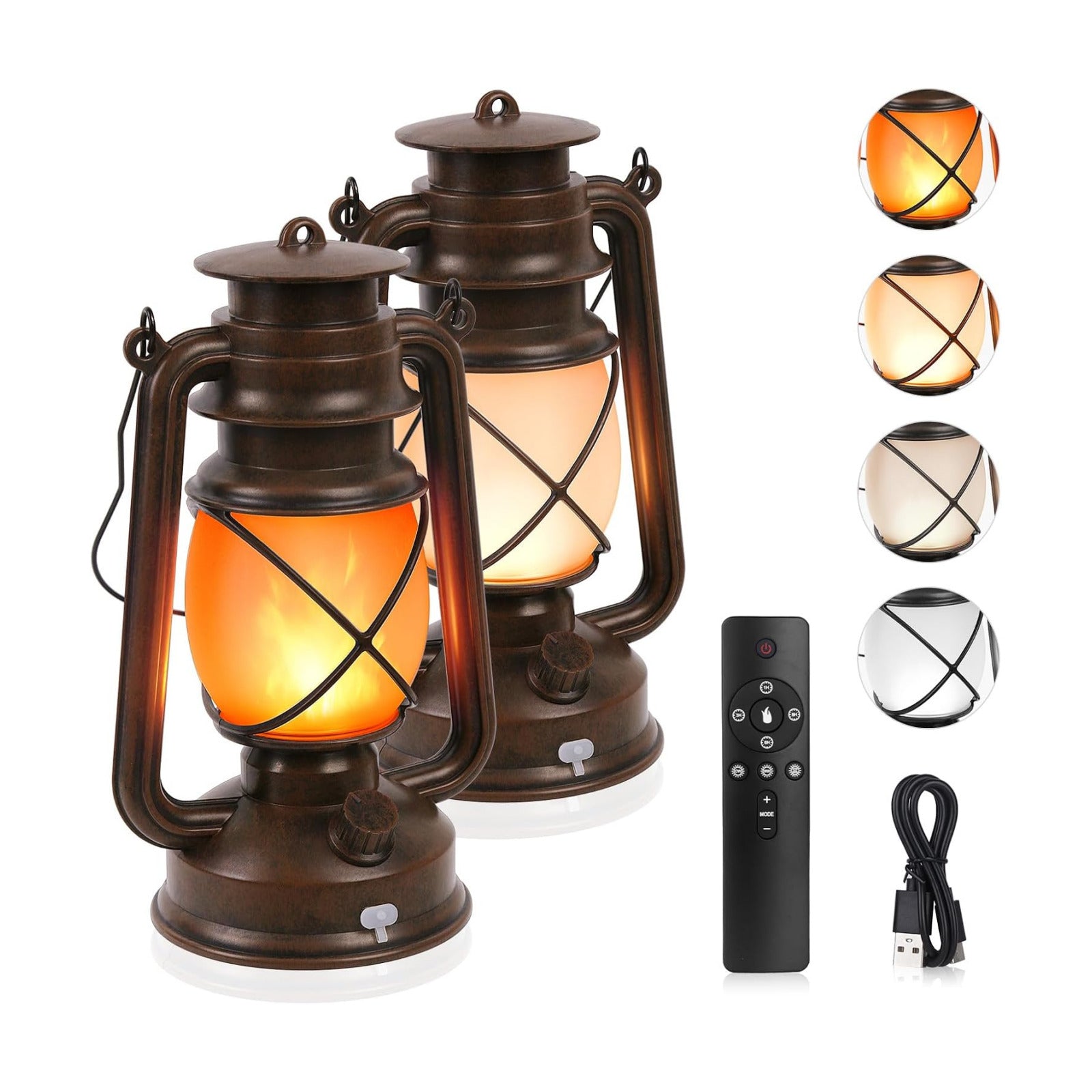 2 Pack Vintage Lantern Flickering Flame Rechargeable LED Retro Camping Lights 4 Modes Remote Control Battery Powered