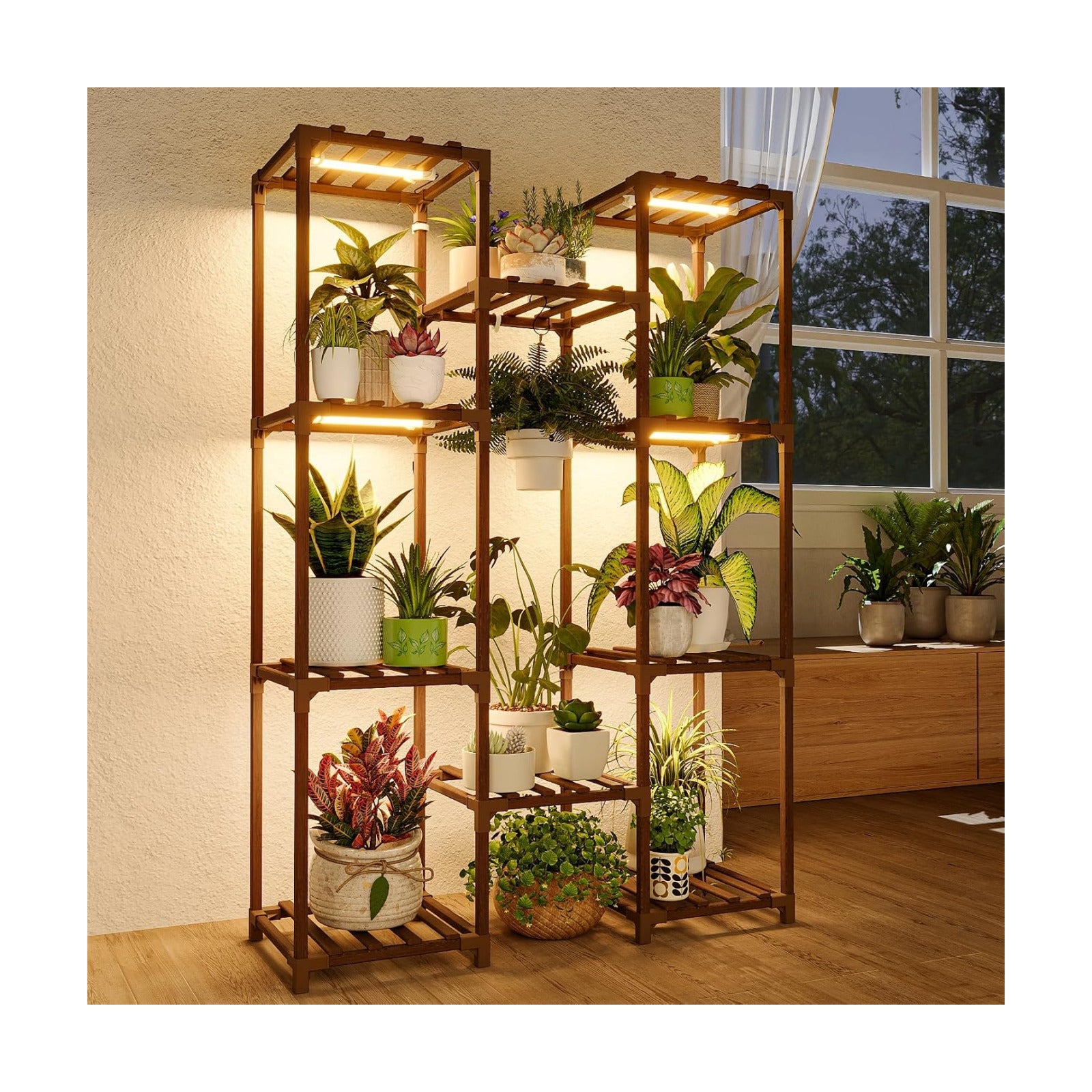 Bamworld Plant Stand with Grow Light Plant Shelf for Mutiple Pots Large Plant Holder for Living Room Patio Boho Home