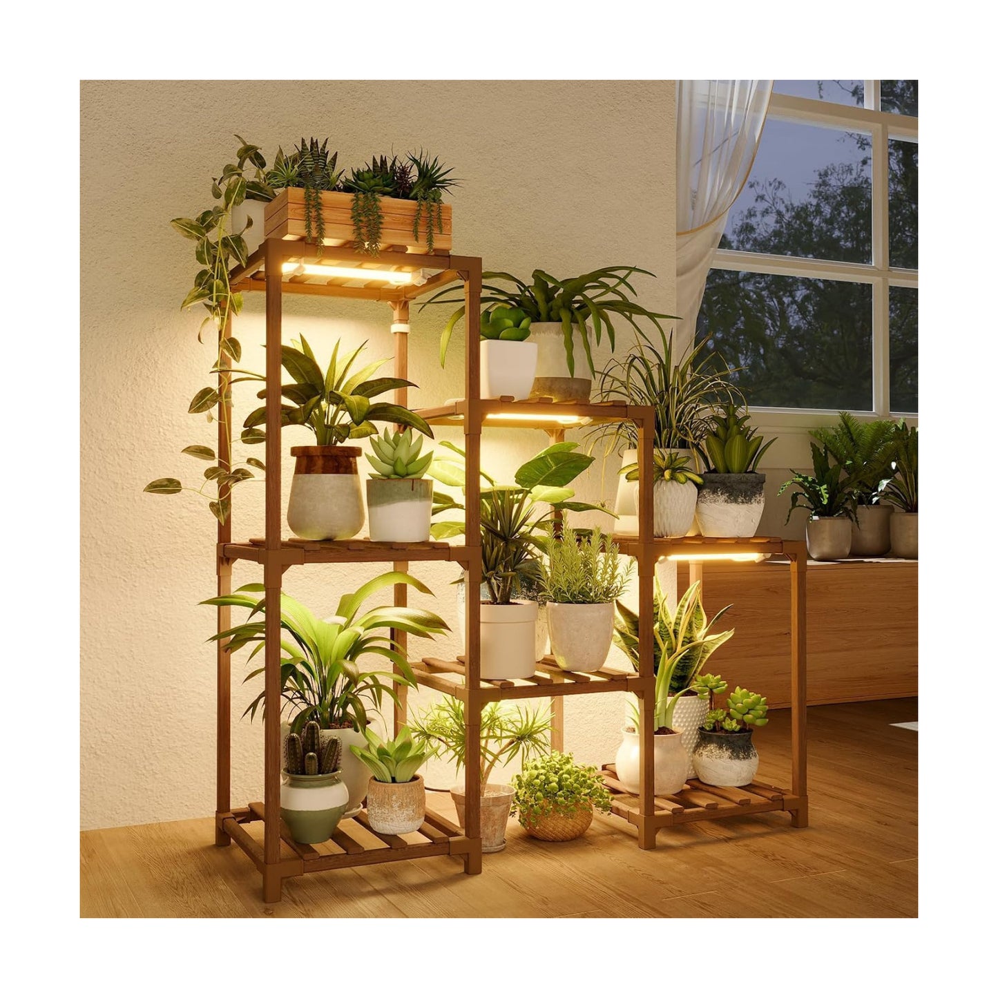 Bamworld Plant Stand with Grow Light Plant Shelf for Mutiple Pots 3 Tiers Ladder Plant Holder for Living Room Patio