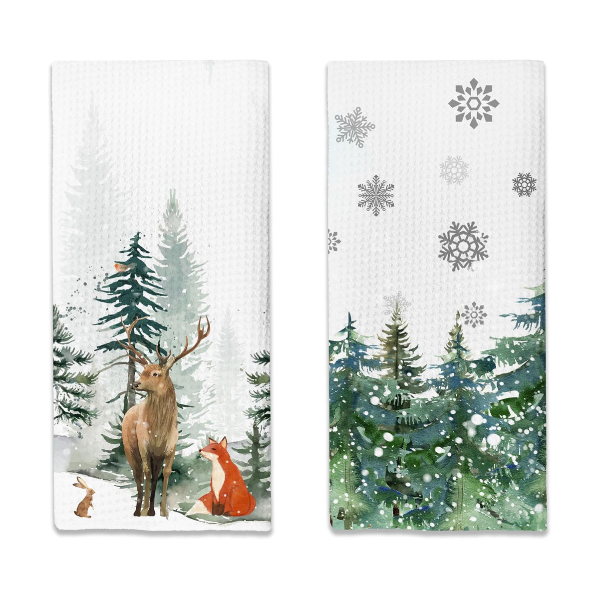 Winter Decor Deer Green Tree Snow Christmas Kitchen Towels,16x24 Inches Set of 2,Tea Towels Dish Towels Hand Towels for Home Kitchen Farmhouse Bathroom Decor.(027)