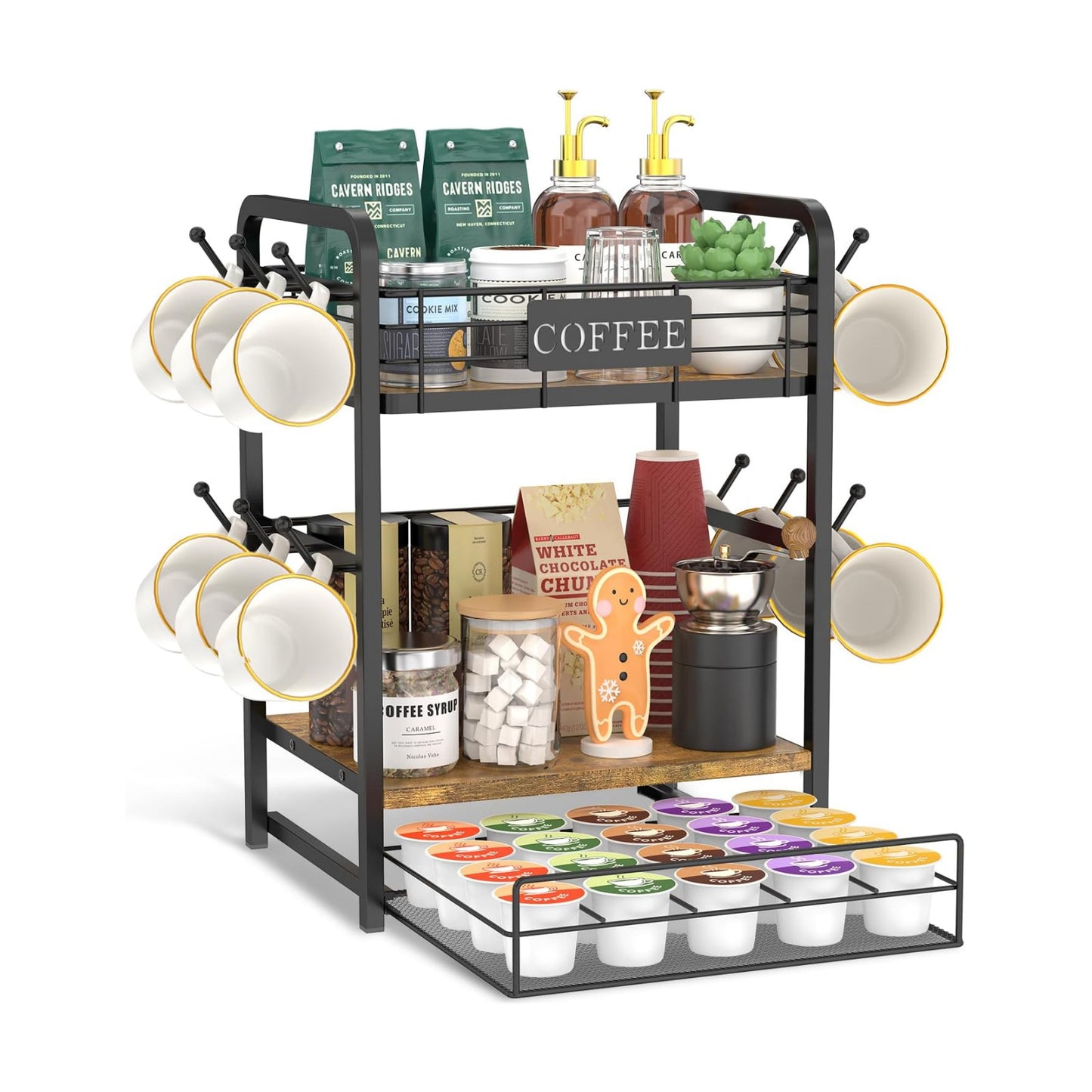 EsLuker.ly Coffee Bar Organizer Station Shelf Mug Holder, with 12 Hooks | 3 Tier Coffee Cup Stand Rack for Countertop