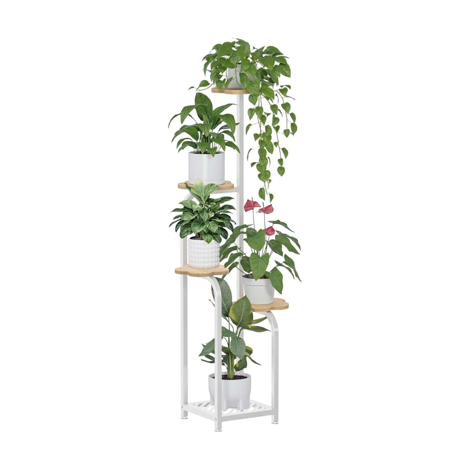 TOSKING Tall 5-Tier Corner Plant Stand Indoor, Anti-Tip, Oak & White,47in | Plywood trays,wide base and heavy-duty