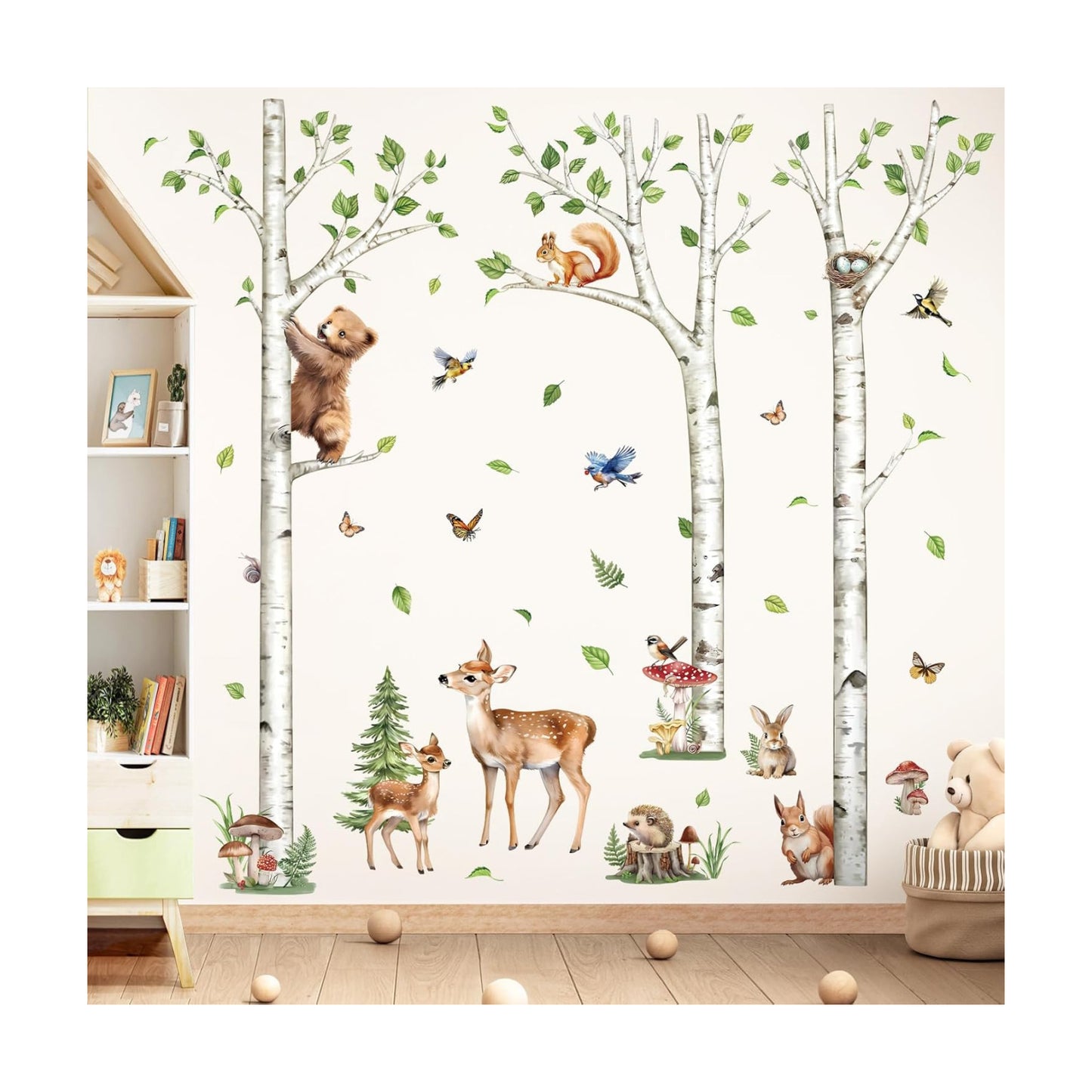 Large Birch Tree Wall Decals Woodland Animals Bear Deer Rabbit Wall Stickers Living Room / White