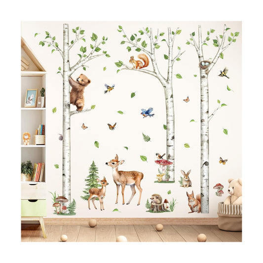 Large Birch Tree Wall Decals Woodland Animals Bear Deer Rabbit Wall Stickers Living Room / White