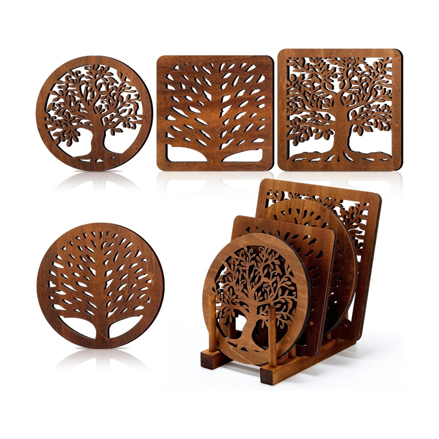 Beeveer 5 Pcs Life Tree Wooden Trivets with Storage Rack Hot Pads Trivets for Hot Dishes Pots and Pans Heat Resistant