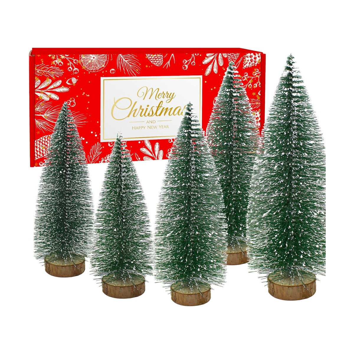 5PCS Small Christmas Trees, Bottle Brush Christmas Trees Mini Sisal Snow Frost Trees Pine Trees with Wood Base Tabletop Mini Christmas Village Tree for Holiday Decorations